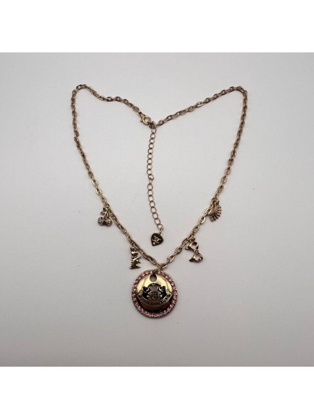 Juicy Couture Charm Necklace Gold-Tone Pink Rhinestone Scottie Cherry Bow Crown - Picture 2 of 10